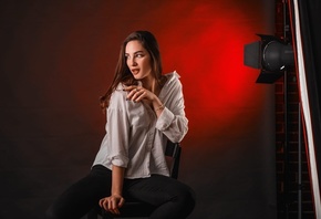 women, brunette, women indoors, model, studio, chair, jeans, black jeans, w ...