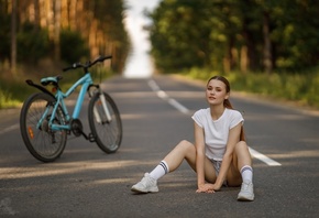 Sergey Sergeev, Nadezhda Tretyakova, tattoo, women outdoors, road, trees, redhead, women, model, bicycle, nature, short tops, short shorts, shorts, socks, sneakers, butterfly