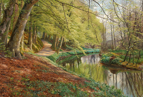 Peder Mork Monsted, Danish, 1898, A river running through a forest with beech trees and white anemones
