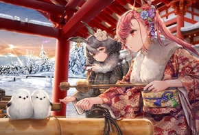 anime, girls, winter, kimono, buny ears, japanese clothes