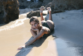 beach, green bikini, women, brunette, model, women outdoors, ass, rocks, water, hips, sand, bikini