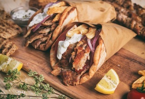 Gyros, Greek cuisine, French fries, Tzatziki