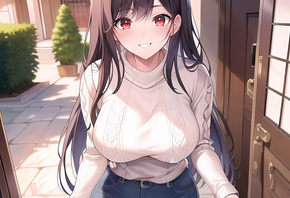 women, anime girls, anime, brunette, sweater, digital art, jeans, blue jeans, red eyes