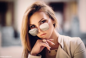 girl, eyes, long hair, photo, photographer, model, lips, ring, face, blonde, sunglasses, jacket, mouth, close up, looking at camera, depth of field, straight hair, looking at viewer, Olya Alessandra, Andreas-Joachim Lins