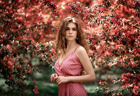 women, brunette, women outdoors, model, dress, polka dots, pink dress, trees, nature