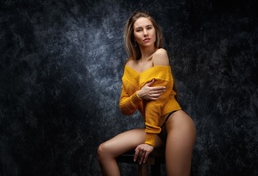 Sergey Sorokin, women, model, blonde, women indoors, studio, yellow sweater, sweater, panties, ass, hips, simple background