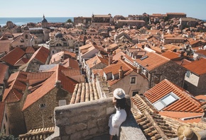 view from the city wall, Domes of Dubrovnik Cathedral, Bell Tower, St Blaises church, Dubrovnik, Croatia