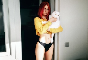 redhead, women, model, yellow sweater, sweater, panties, black panties, hip ...