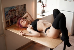 women, model, multi-colored hair, women indoors, ass, table, tattoo, hips,  ...