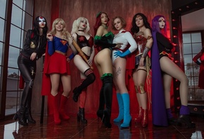 women, group of women, cosplay, blonde, redhead, mask, women indoors, tattoo, Supergirl, Harley Quinn, Poison Ivy, Power Girl, Wonder Woman, raven, Katana, ass, mirror, reflection, baseball bat, belly, high heels, shoes, knee-high boots, red lipstick