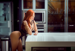 women, model, redhead, women indoors, bodysuit, ass, kitchen, hips, black b ...