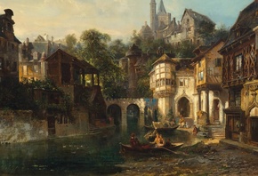 Pierre Tetar van Elven, Dutch, A historical town view with villagers in a boat