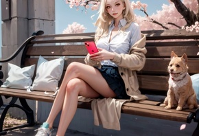 Stable Diffusion, AI art, blonde, women, dog, animals, bench, trees, sky, clouds, cherry blossom, skirt, white shirt, shirt, sweater, iphone, smartphone, legs crossed, sneakers, outdoors