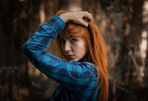 redhead, plaid shirt, blue shirt, women, model, women outdoors, nature, forest, trees