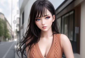 women, brunette, anime girls, AI art, digital art, blue eyes, street, city