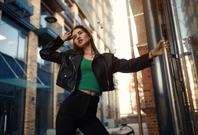 Alexander Skripnikov, brunette, women, model, jeans, pants, leather jacket, women outdoors, street, glasses