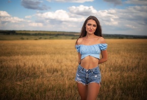 Dmitry Shulgin, women, model, brunette, women outdoors, grass, field, natur ...
