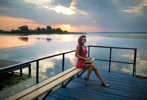 Dmitry Shulgin, women, model, brunette, women outdoors, lake, red dress, dr ...
