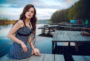 Ekaterina Kononova, women, model, brunette, women outdoors, minidress, nature, lake, dress, sky, clouds, sitting, trees, black nails