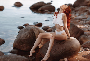 Stepan Kvardakov, redhead, women, model, beach, women outdoors, white panti ...