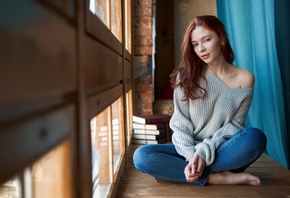 redhead, model, women, jeans, women indoors, beautiful, sitting, sweater, by the window