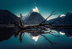 горы, Милфорд, пик Митр, луна, озеро, упавшее дерево, вода, отражение, снежные горы, Новая Зеландия, голубое небо, Милфорд Саунд