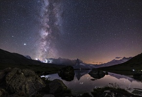 Galaxy, Астрофотография, вечер, горы, звёздное небо, звёзды, Млечный Путь, ночное небо, озеро, природа, Церматт-горнолыжный курорт, Швейцария, гора Маттерхорн