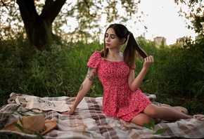 brunette, model, women, women outdoors, summer dress, tattoo, picnic, straw hat, closed eyes, dress, pierced ear, trees, twintails, flip flops, books