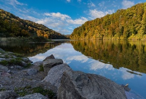 Природа, Осенние фото, Лес, Река, Камень, Времена года, Швейцария река Rhine