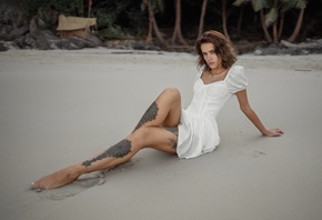 women outdoors, tattoo, women, model, brunette, white dress, dress, beach,  ...