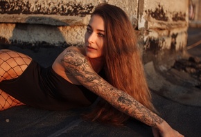 brunette, women outdoors, hips, women, model, black bodysuit, bodysuit, tat ...