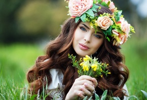 ,  , , , , , ,  , , , , , flowers, blue eyes, grass, curls, girl, wreath, portrait, long hair, look, model, face, hands