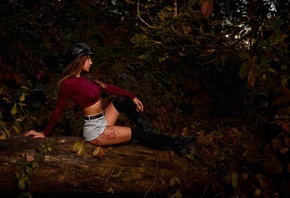 women, brunette, model, short tops, jean shorts, tattoo, plants, hips, boots, black boots, nature, trees