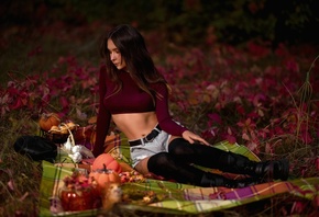 women, brunette, model, short tops, jean shorts, tattoo, plants, hips, boots, black boots, nature, picnic