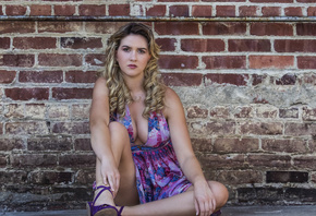 model, beauty, wall, sitting, long hair, cleavage, dress