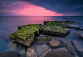 sea, beach, landscape, sunset, nature, sunrise, stones, rocks, pink, shore, ...