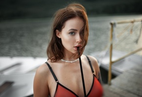 Angelina Kuznetsova, bikini top, brunette, model, women, women outdoors, lake, tattoo, boat, nature, water