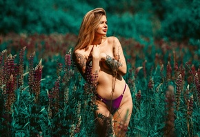  , Vladimir Stefanovich, Ira Novikova, blonde, women, model, women outdoors, hips, nature, plants, grass, tattoo, bikini bottoms, covering boobs