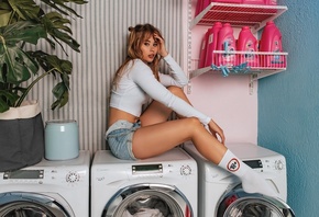 women, model, brunette, women indoors, jean shorts, shorts, washing machine, plants, short tops, plants, socks, sitting, pierced navel