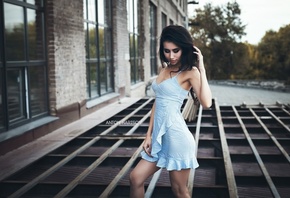 Anton Harisov,  , brunette, women, model, striped dress, blue dress, trees, women outdoors, sky, makeup