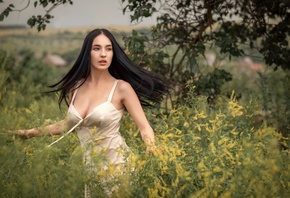 brunette, women, women outdoors, model, nature, grass, white dress, field, plants, trees, girl