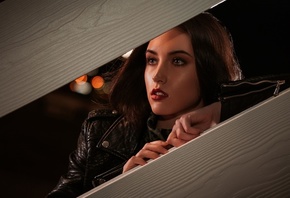 Robert Zazin, women, brunette, model, face, night, black jacket, leather jacket, bokeh