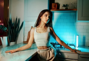 women, model, brunette, kitchen, women indoors, tank top, white tank top, s ...