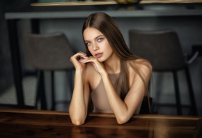 Anastasia Barmina, brunette, women, model, women indoors, table, wooden tab ...