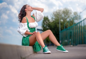 Sergey Gokk, women, model, brunette, women outdoors, closed eyes, sky, clouds, trees, sitting, Converse, sneakers, green sneakers