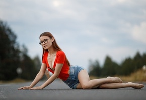 Sergey Sergeev, brunette, women outdoors, model, women, road, nature, sky, clouds, jean shorts, hips, feet, women with glasses, neckline, trees, bodysuit