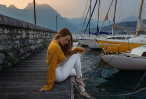 Olga Kobzar, women outdoors, boat, women, model, brunette, hips, jeans, sit ...