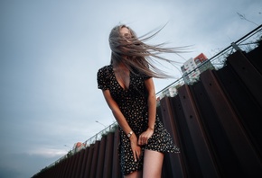 dress, women outdoors, women, model, brunette, sky, clouds, wind, long hair ...