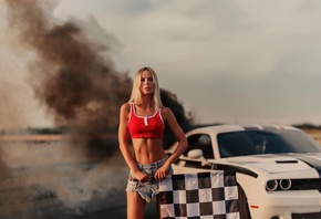 Dodge Challenger SRT, Dodge Challenger, women outdoors, blonde, women, model, car, muscle cars, jean shorts, shorts, race flag, red tops, sports bra, clouds, sky, smoke