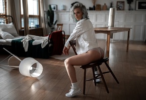 panties, chair, ass, women, model, brunette, blonde, bed, lamp, women indoors, white jacket, denim jacket, sneakers, table, window, wooden chair, short socks, tattoo